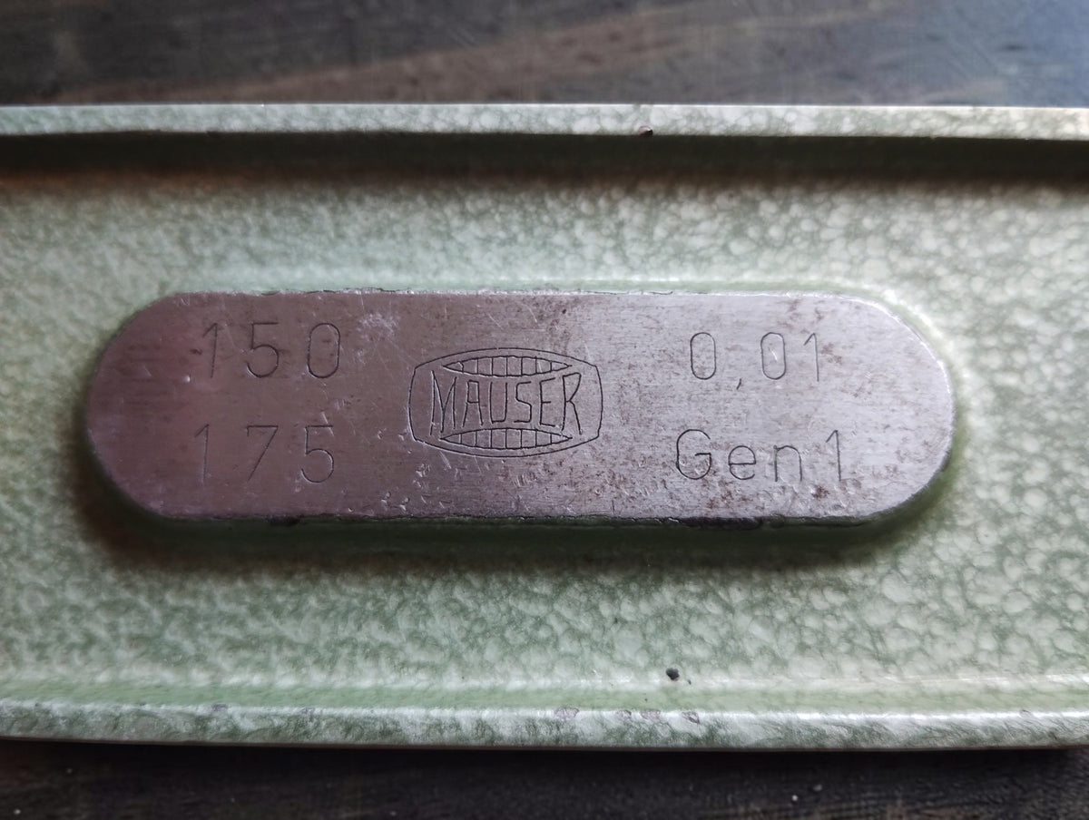 Mauser micrometer identification plate marked 150–175 and 0.01.
