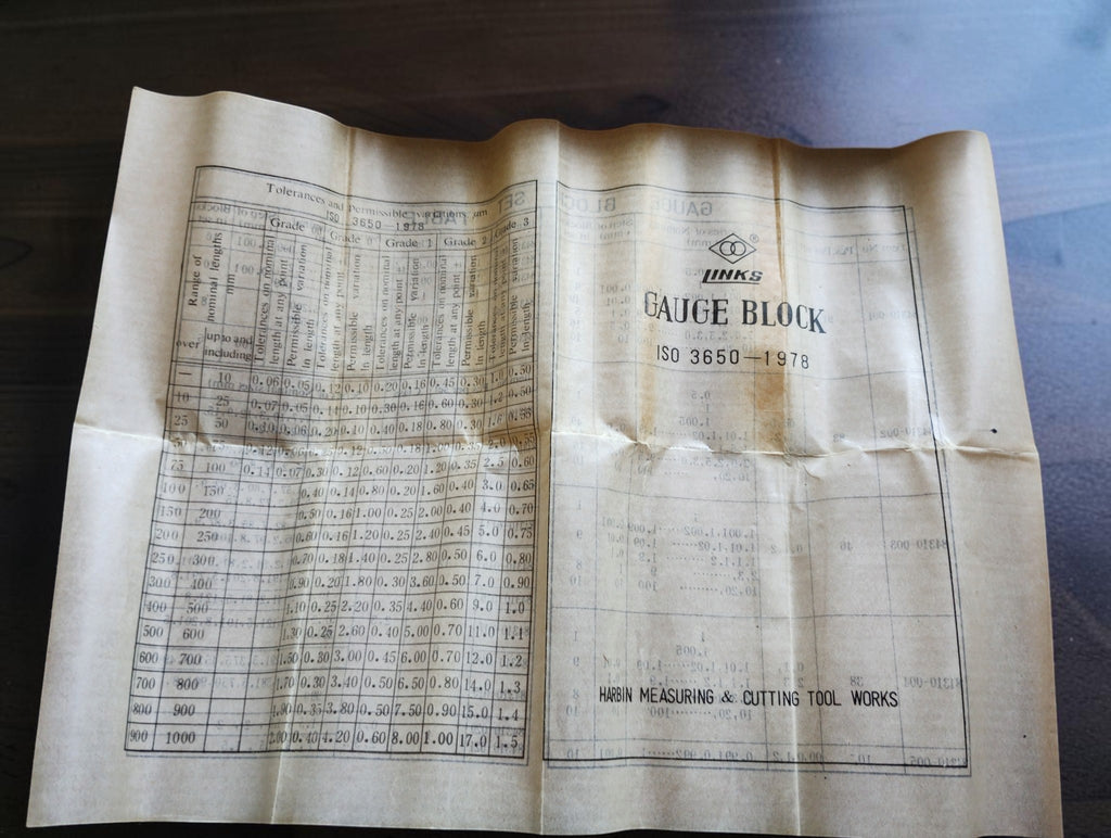 LINKS gauge block booklet showing ISO 3650-1978 and a tolerance table
