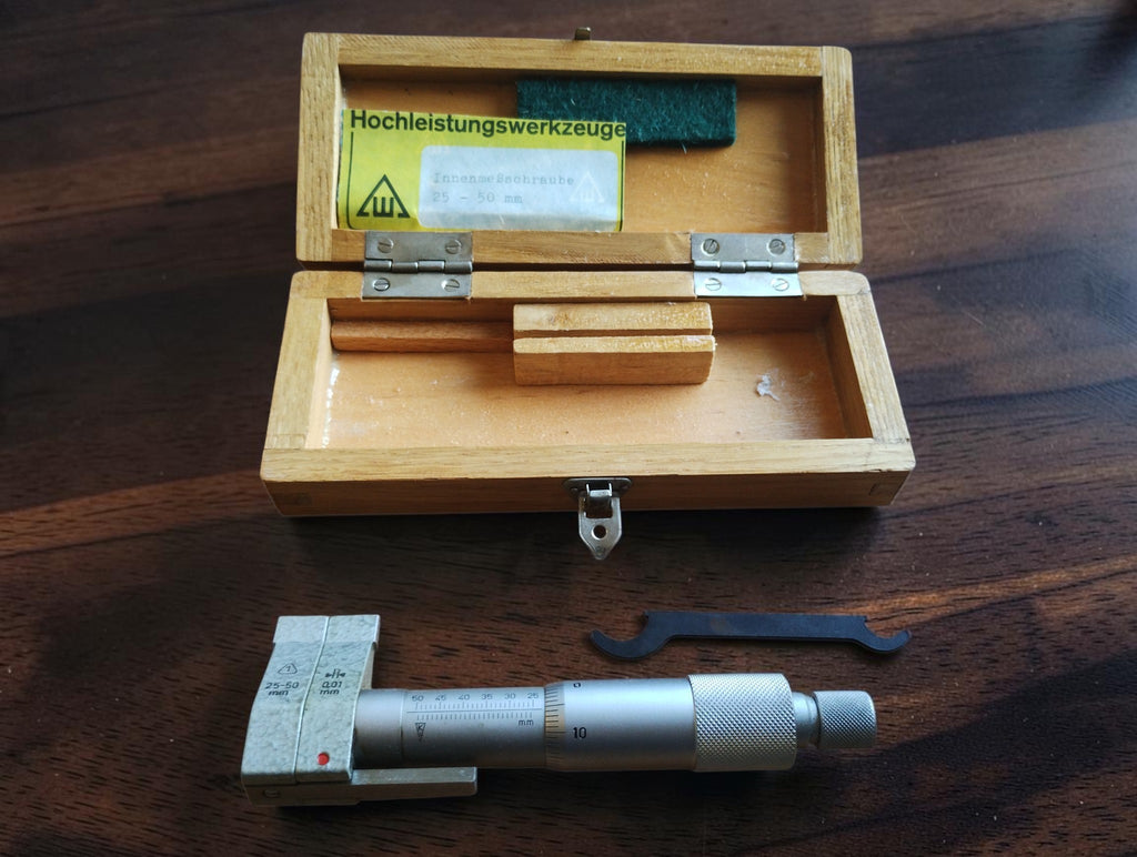 VEB Feinmess Suhl DDR inside micrometer with open wooden case and adjustment wrench
