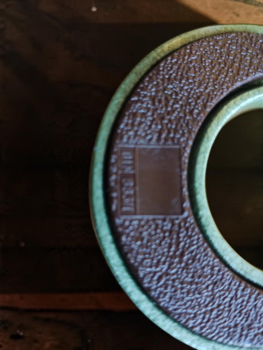 Close-up of the DIN 863/I marking on the back of the NOS Helios outside micrometer frame.
