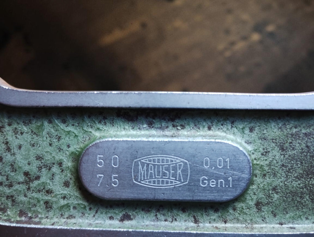 MAUSER nameplate showing the 50–75 mm measuring range, 0.01 mm graduations and Gen. 1 marking
