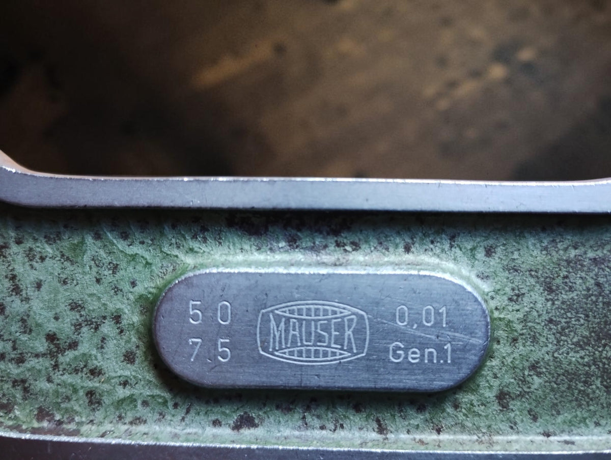 MAUSER nameplate showing the 50–75 mm measuring range, 0.01 mm graduations and Gen. 1 marking
