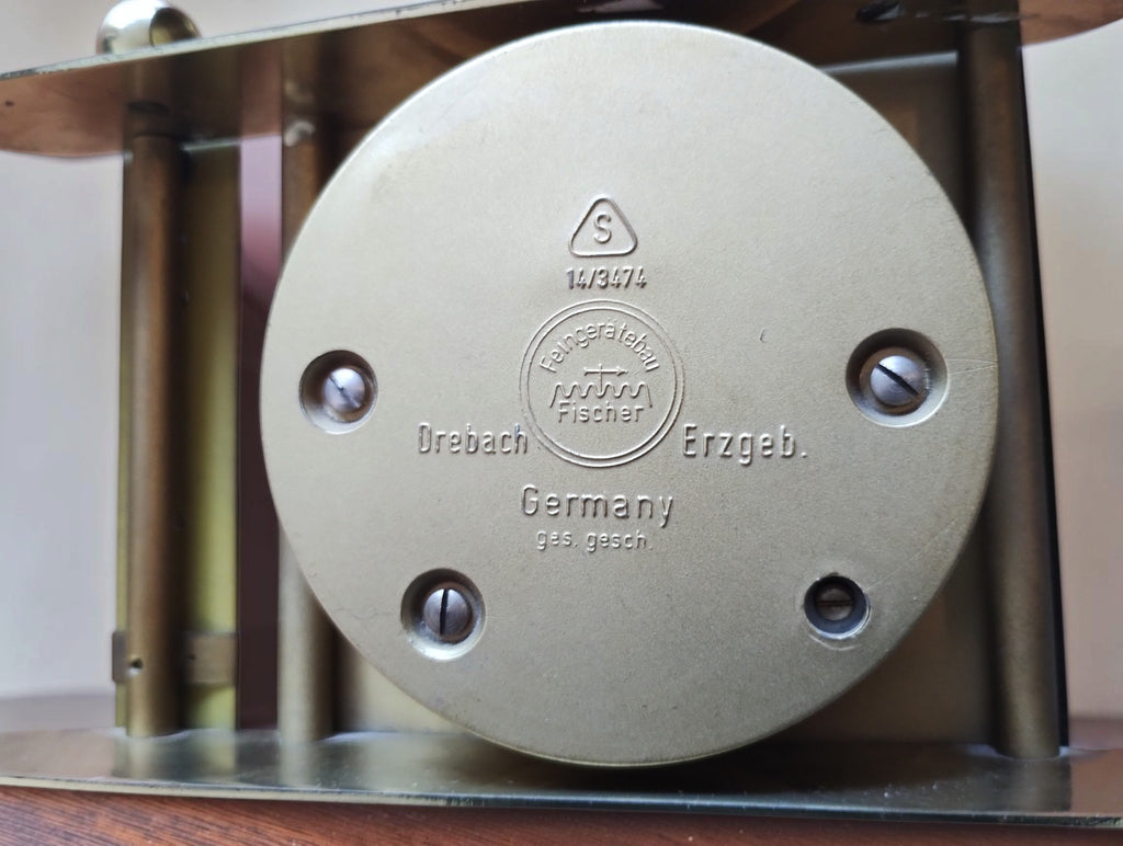 Rear maker's marks on the Fischer barometer, showing Feingerätebau Fischer, Drebach Erzgeb., Germany, the S symbol and code 14/3474.
