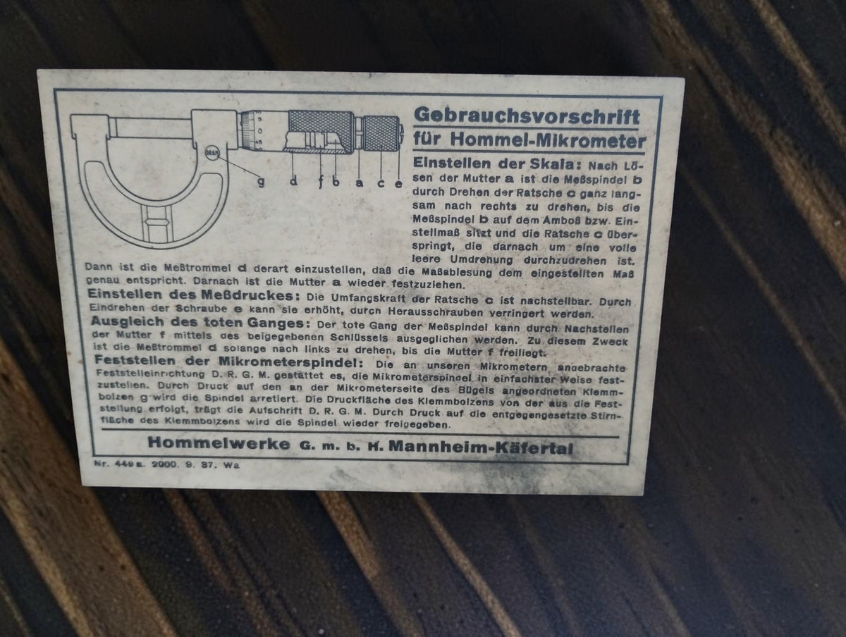 German instruction sheet for the Hommel micrometer, marked Hommelwerke G.m.b.H. Mannheim-Käfertal.
