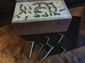 Antique watchmaker's topping tool cutter set in a wooden case, with six loose guide pins displayed in front.
