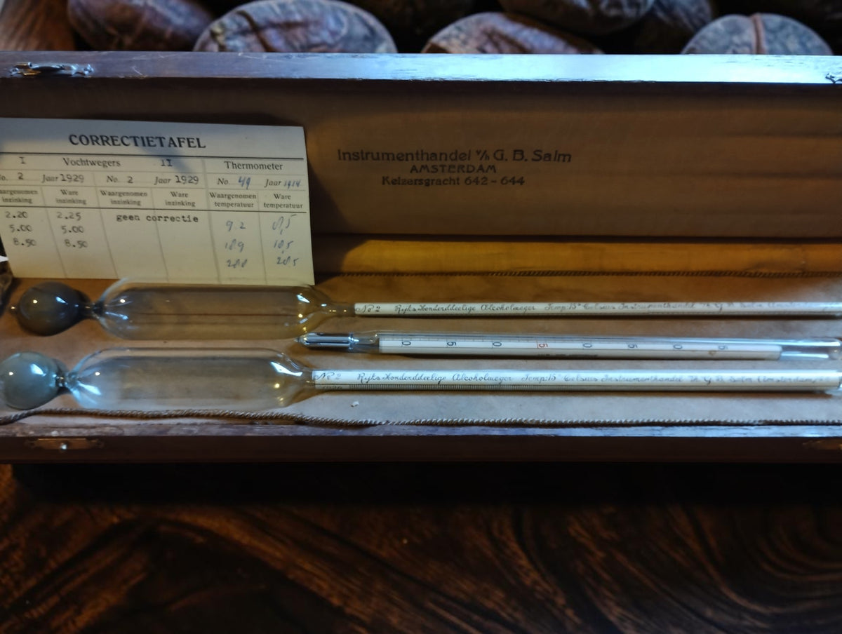 G. B. Salm Amsterdam alcohol hydrometer set with two hydrometers, a thermometer and correction table in an open wooden case.
