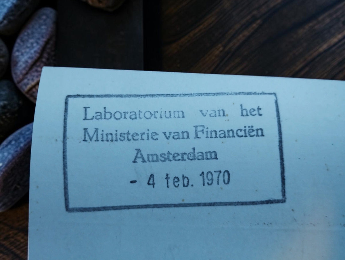 Amsterdam Ministry of Finance laboratory stamp dated February 4, 1970, on the accompanying document.
