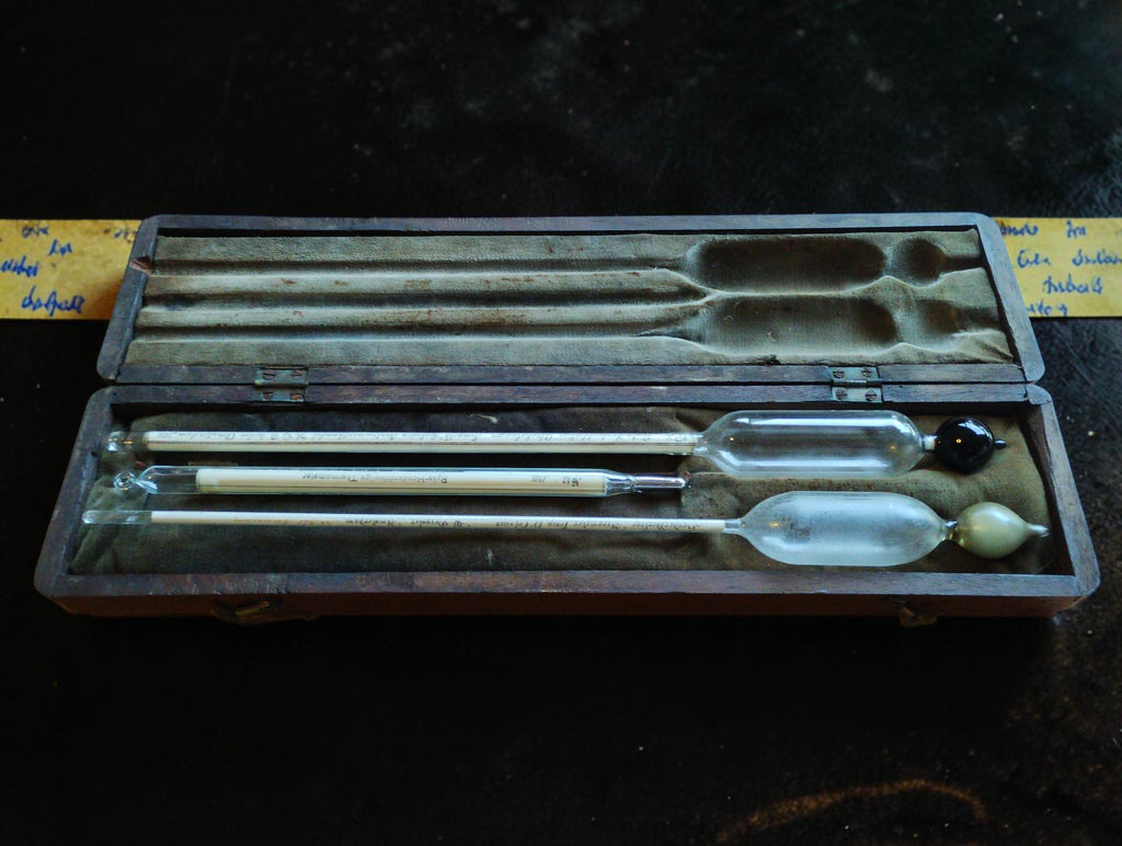 G.B. Salm and W. Geissler Amsterdam hydrometer and thermometer set in an open fitted wooden case.
