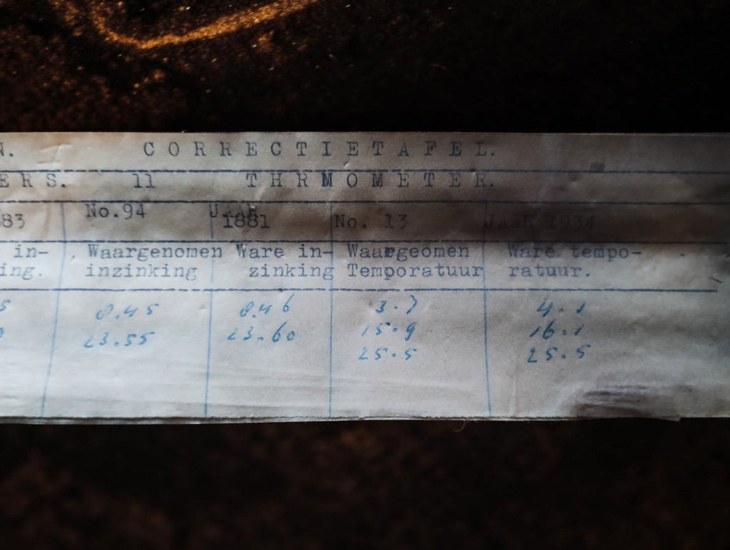 Detail of the aged correction table showing instrument numbers, dates, and handwritten measurement corrections.
