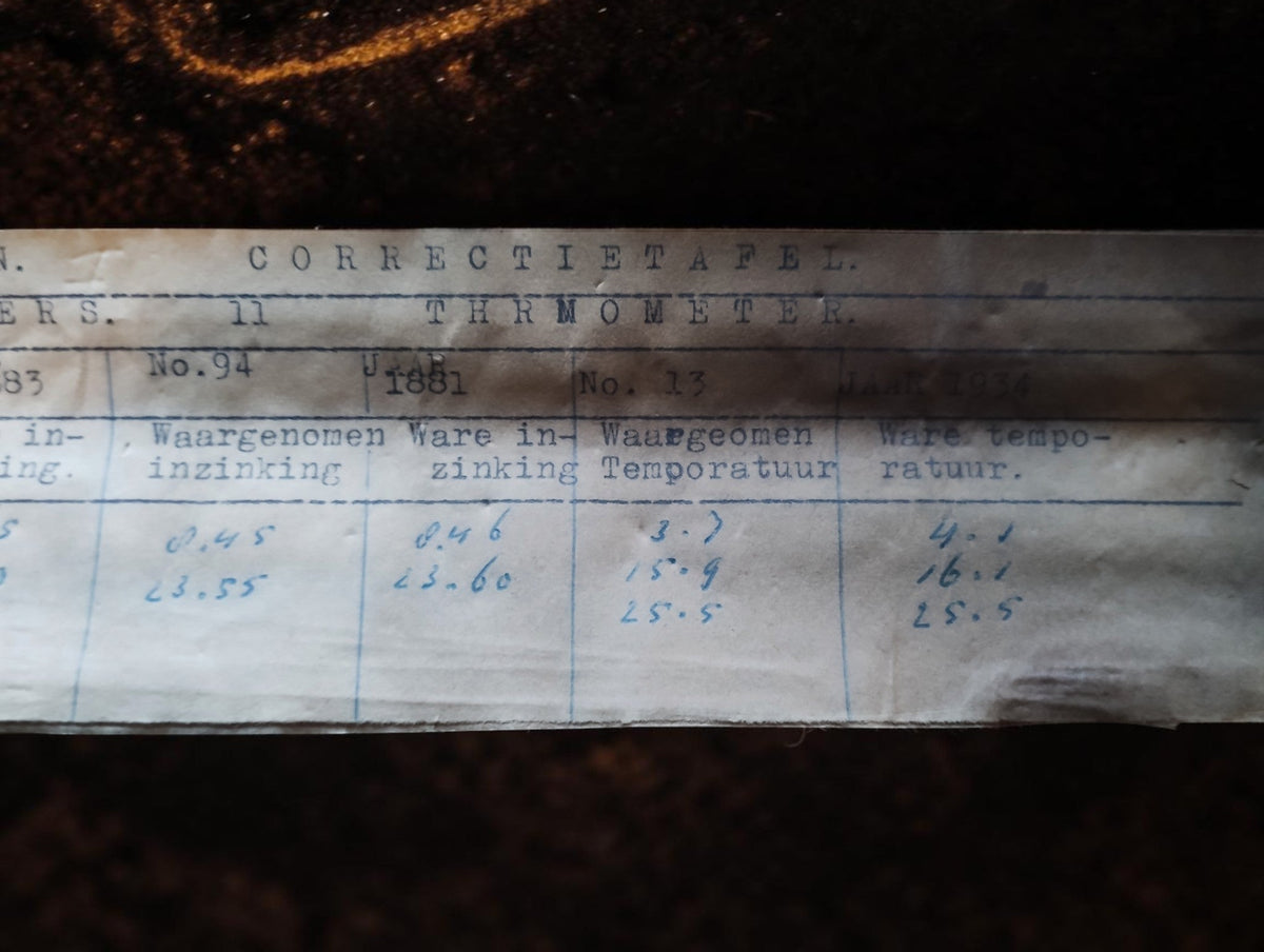 Detail of the aged correction table showing instrument numbers, dates, and handwritten measurement corrections.
