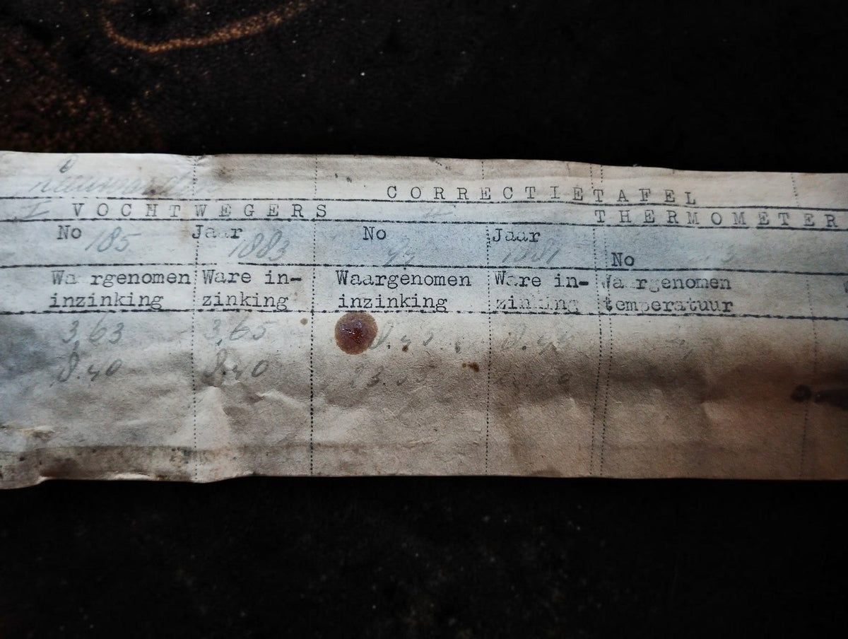 Unfolded historic correction table accompanying the Dutch hydrometer and thermometer set, with visible age-related wear.
