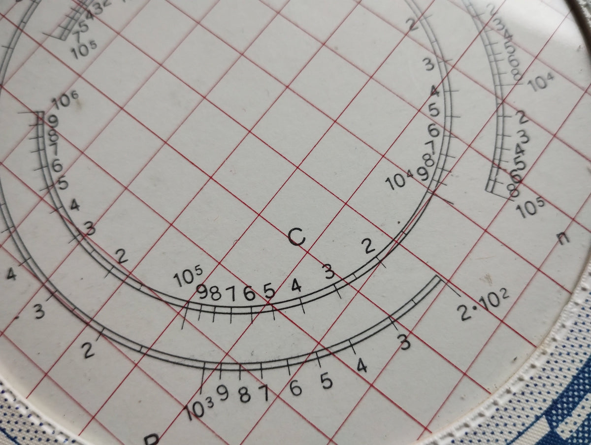 Central calculation scales on the RIV bearing life calculator, showing numbered curves and a red grid.
