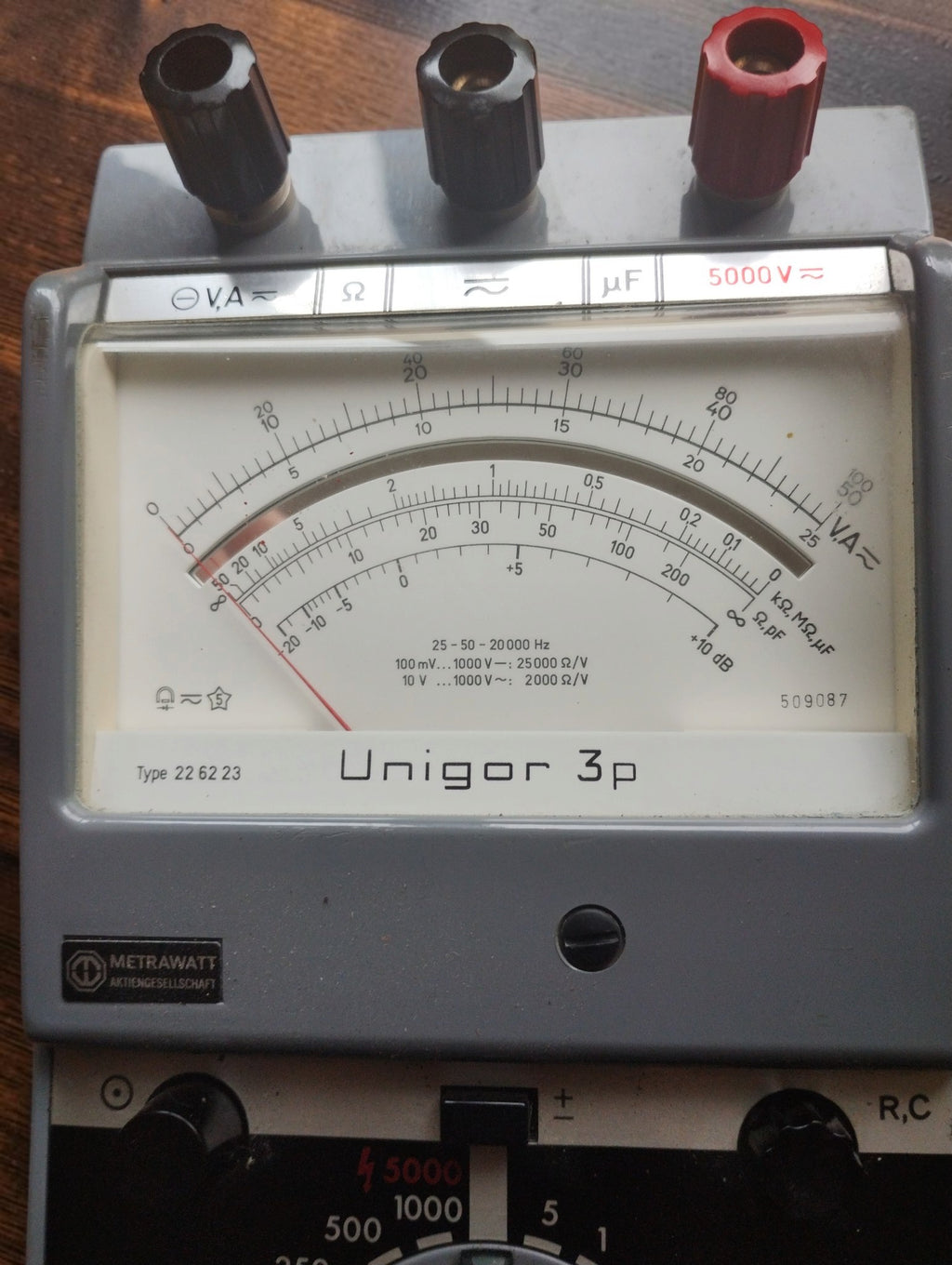 Metrawatt Unigor 3p mirrored analog scale showing type 22 62 23, serial number 509087 and the Metrawatt maker's badge.
