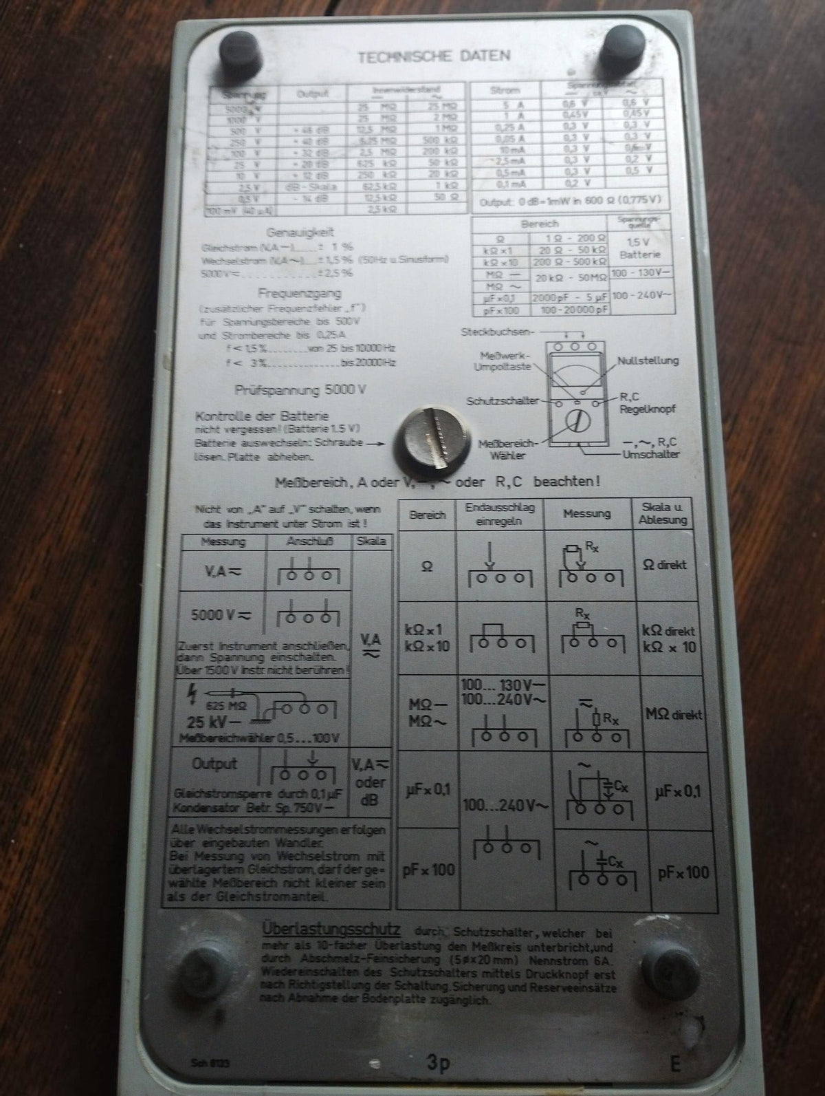 Rear of the Metrawatt Unigor 3p analog multimeter showing the German technical data plate, tables and connection diagrams.
