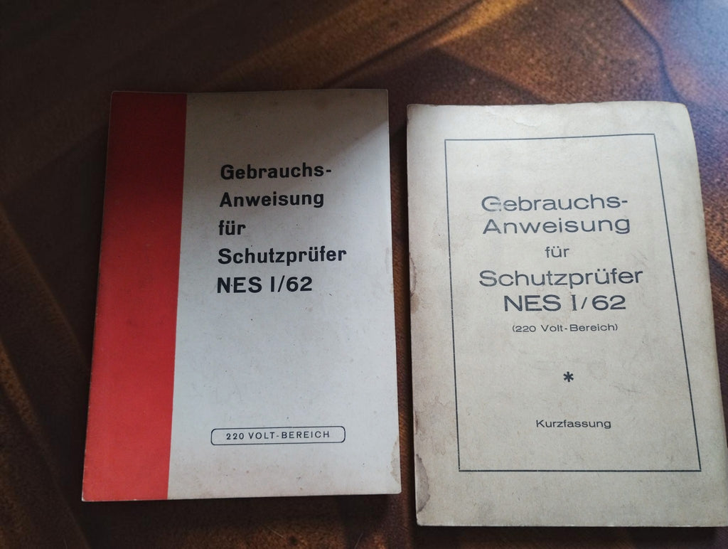 Two German instruction manuals for the Schutzprüfer NES I/62 electrical safety tester, including a concise edition.
