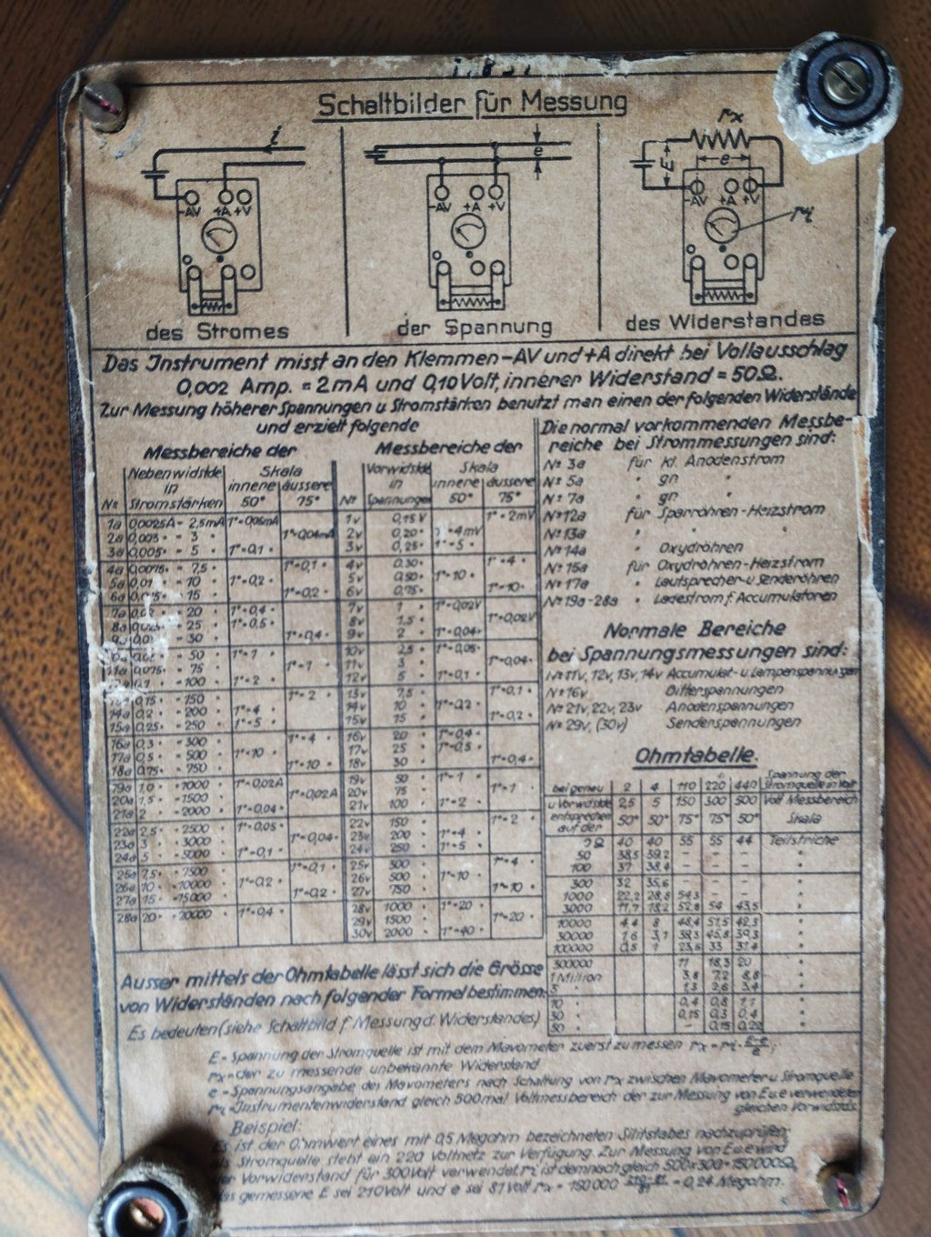 Back of the Gossen Mavometer with original German instruction label, measurement diagrams and reference tables.
