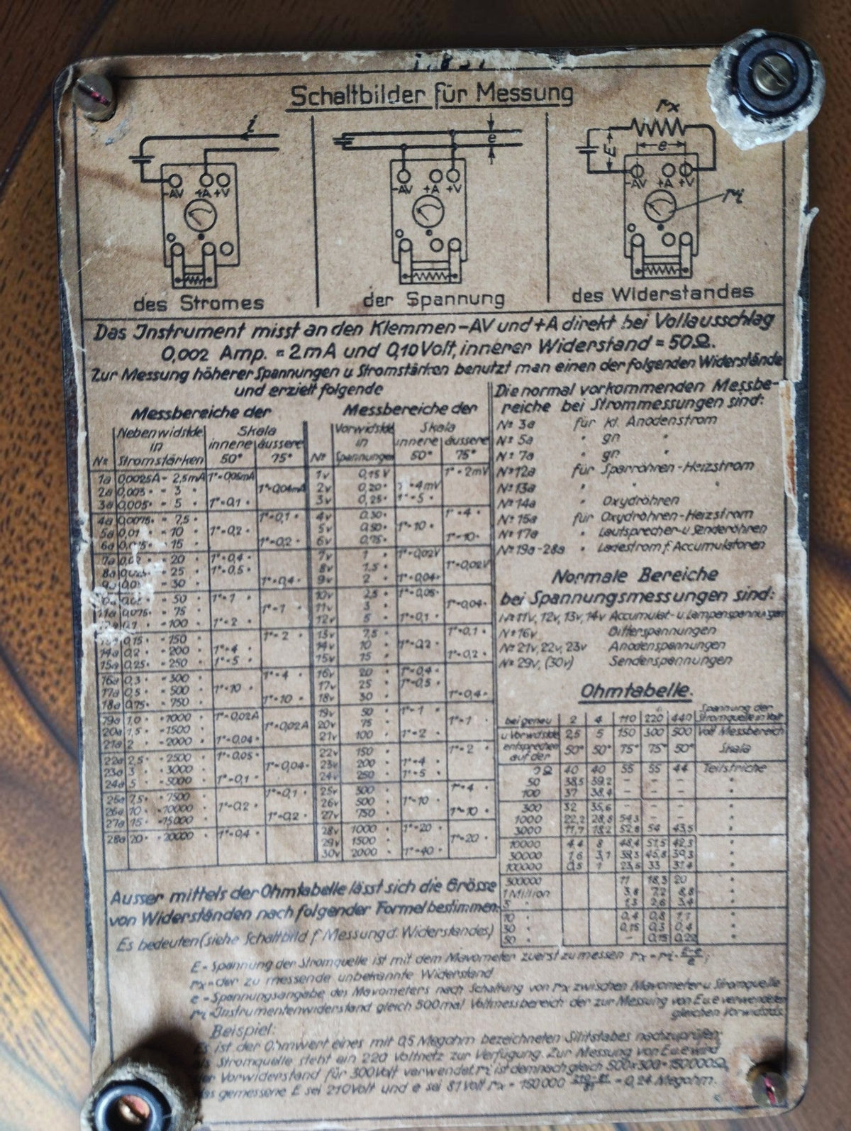 Back of the Gossen Mavometer with original German instruction label, measurement diagrams and reference tables.
