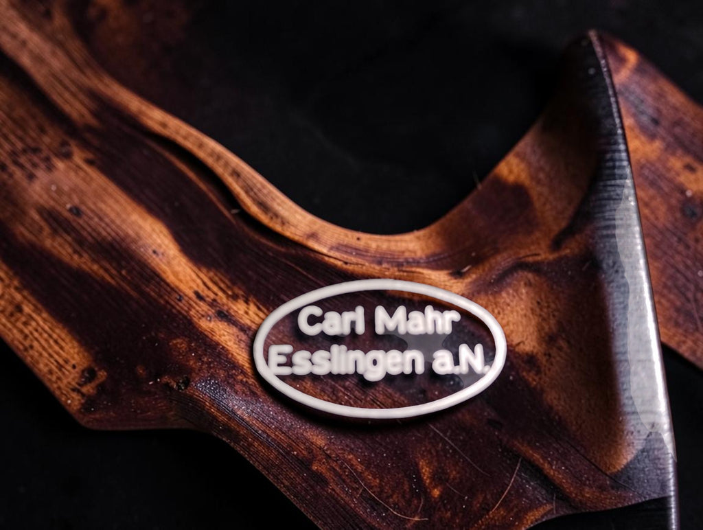 Close-up of the oval Carl Mahr Esslingen a.N. maker's logo on the wooden case
