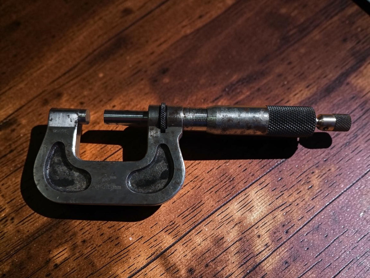 Reverse side of the vintage Carl Mohr outside micrometer with spindle and knurled thimble
