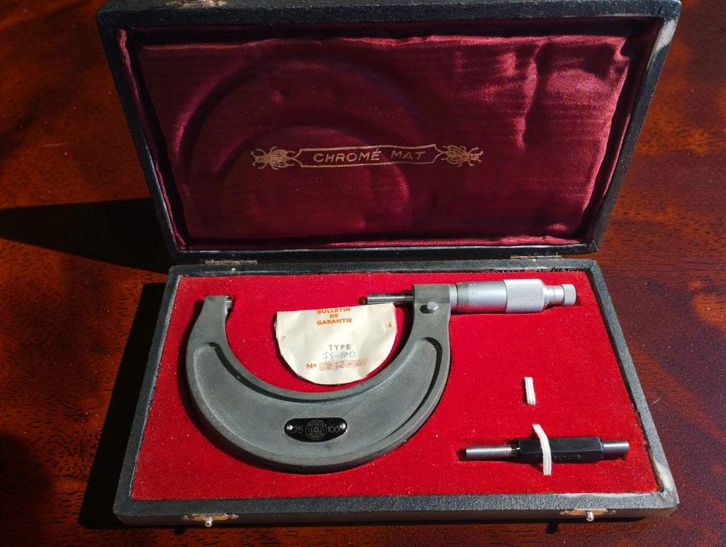 ROCKT Paris 75-100 mm Chrome Mat micrometer in its original fitted case with red velvet lining, guarantee bulletin and setting standard
