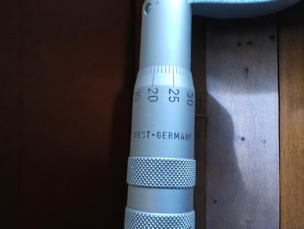 Close-up of the Blankenhorn micrometer thimble showing the engraved scale, knurled controls and WEST-GERMANY marking.
