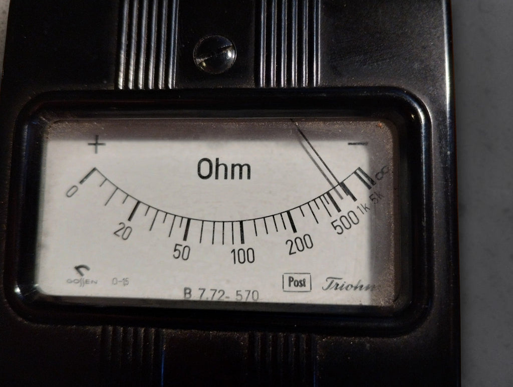 Close-up of the ohm scale dial on a vintage Bundespost ohmmeter, marked Post and B 722-570
