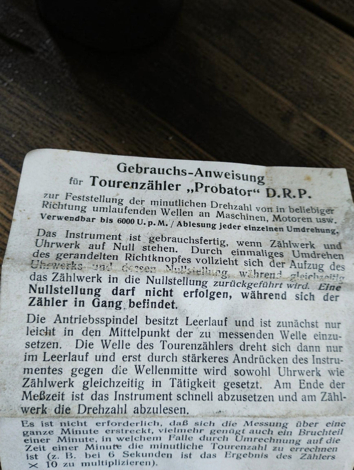 Original German instruction sheet for the Probator hand tachometer with D.R.P. marking and operating instructions
