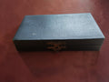 Closed vintage storage box for a complete set of metal clock dial numerals.
