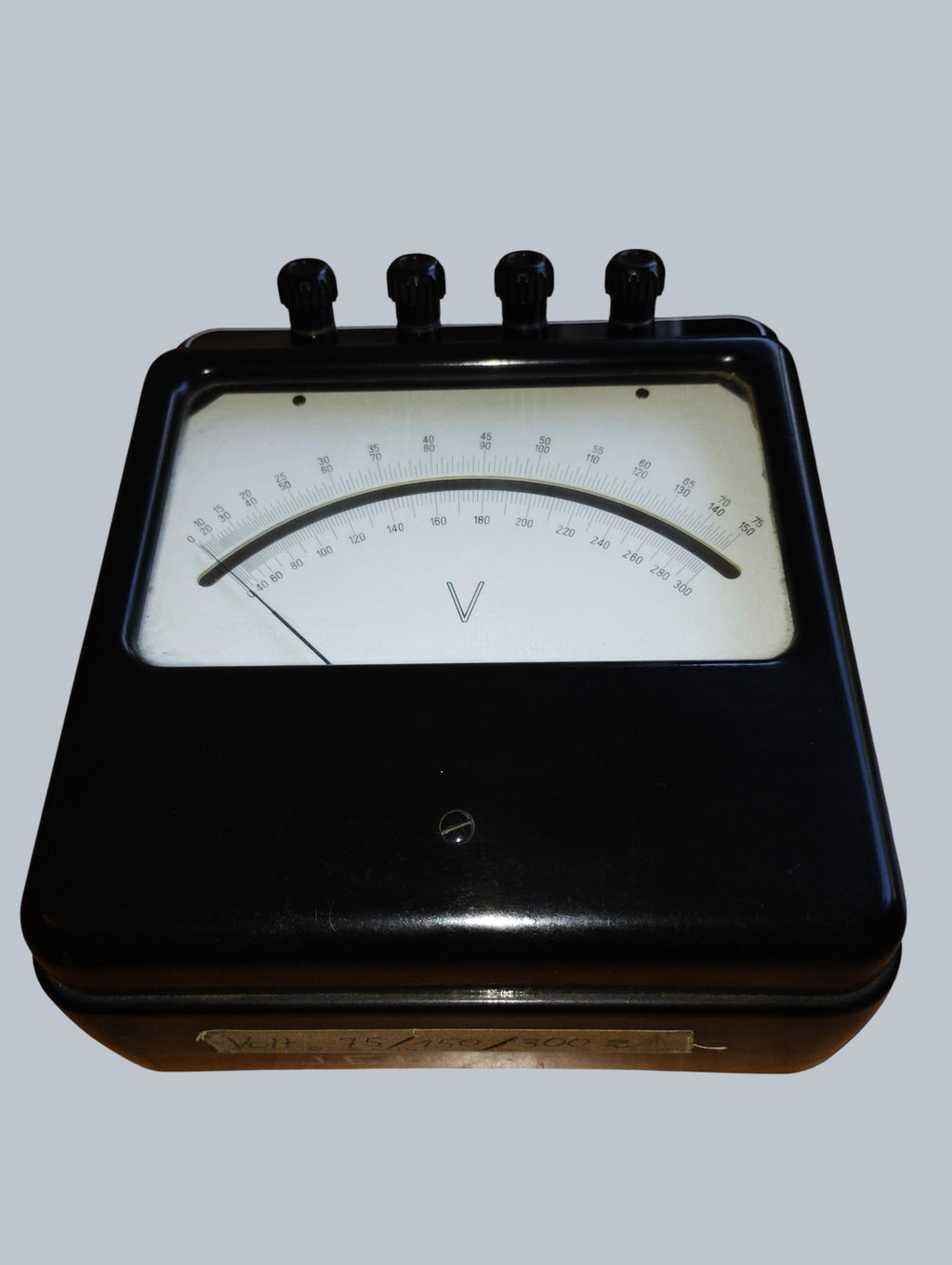 Vintage Gossen analog laboratory voltmeter with black housing and large graduated dial, front view.
