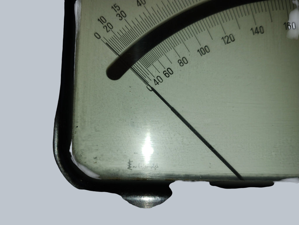 Close-up of the Gossen voltmeter needle and lower end of the graduated voltage scales.
