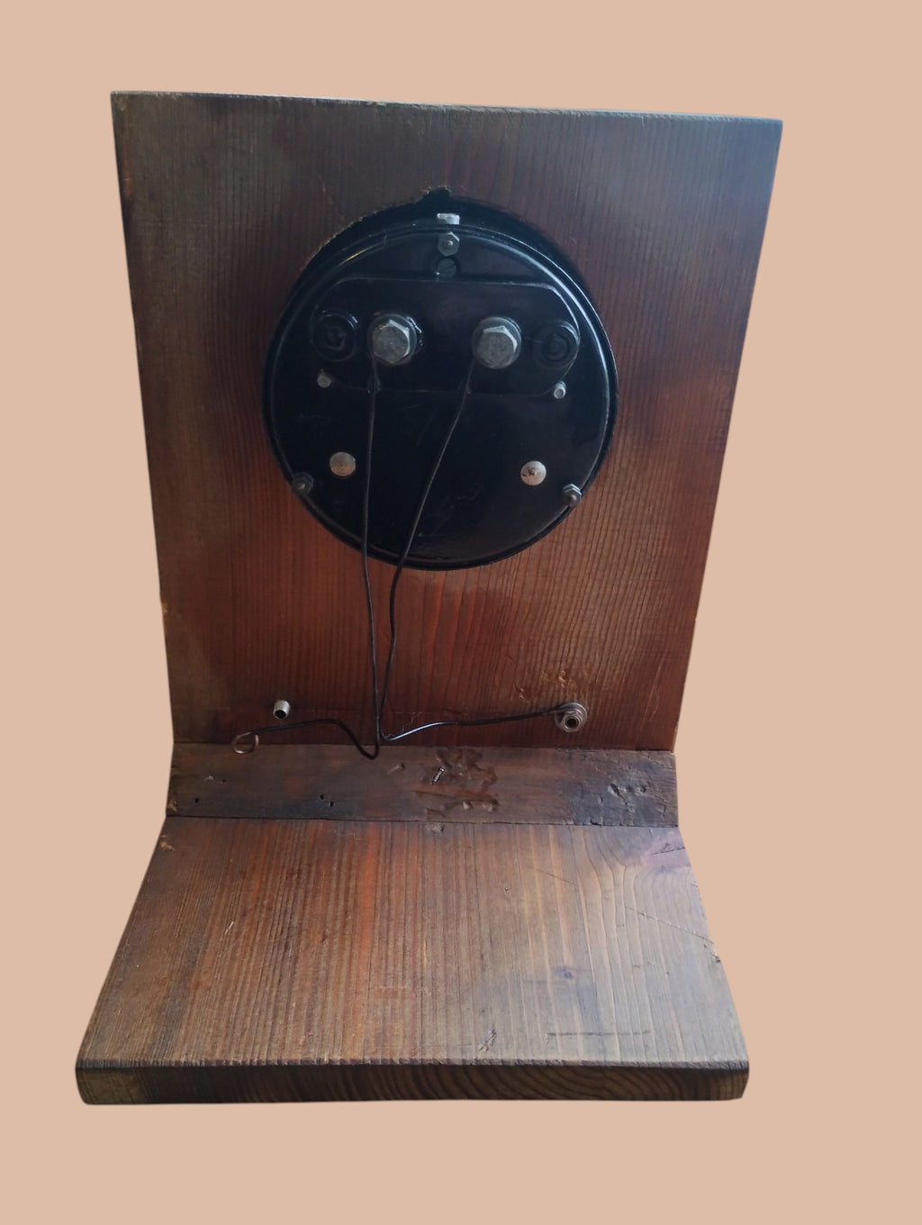 Rear view of the Hartmann & Braun H&B demonstration ammeter showing the terminals and wiring on the wooden stand

