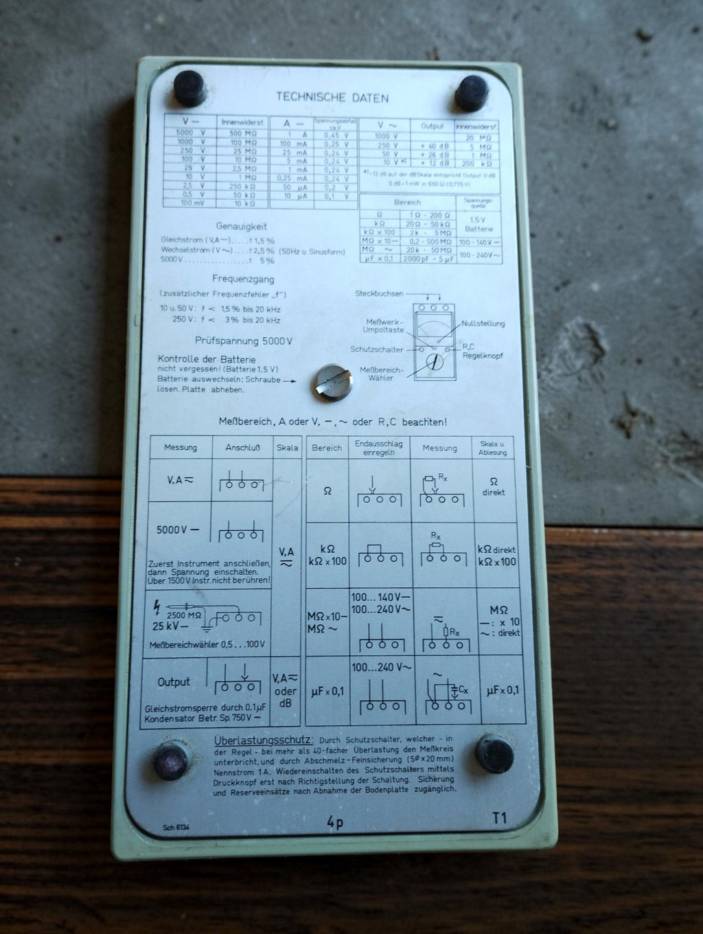 Rear of the Unigor 4p analog multimeter showing the technical data plate and measurement connection diagrams
