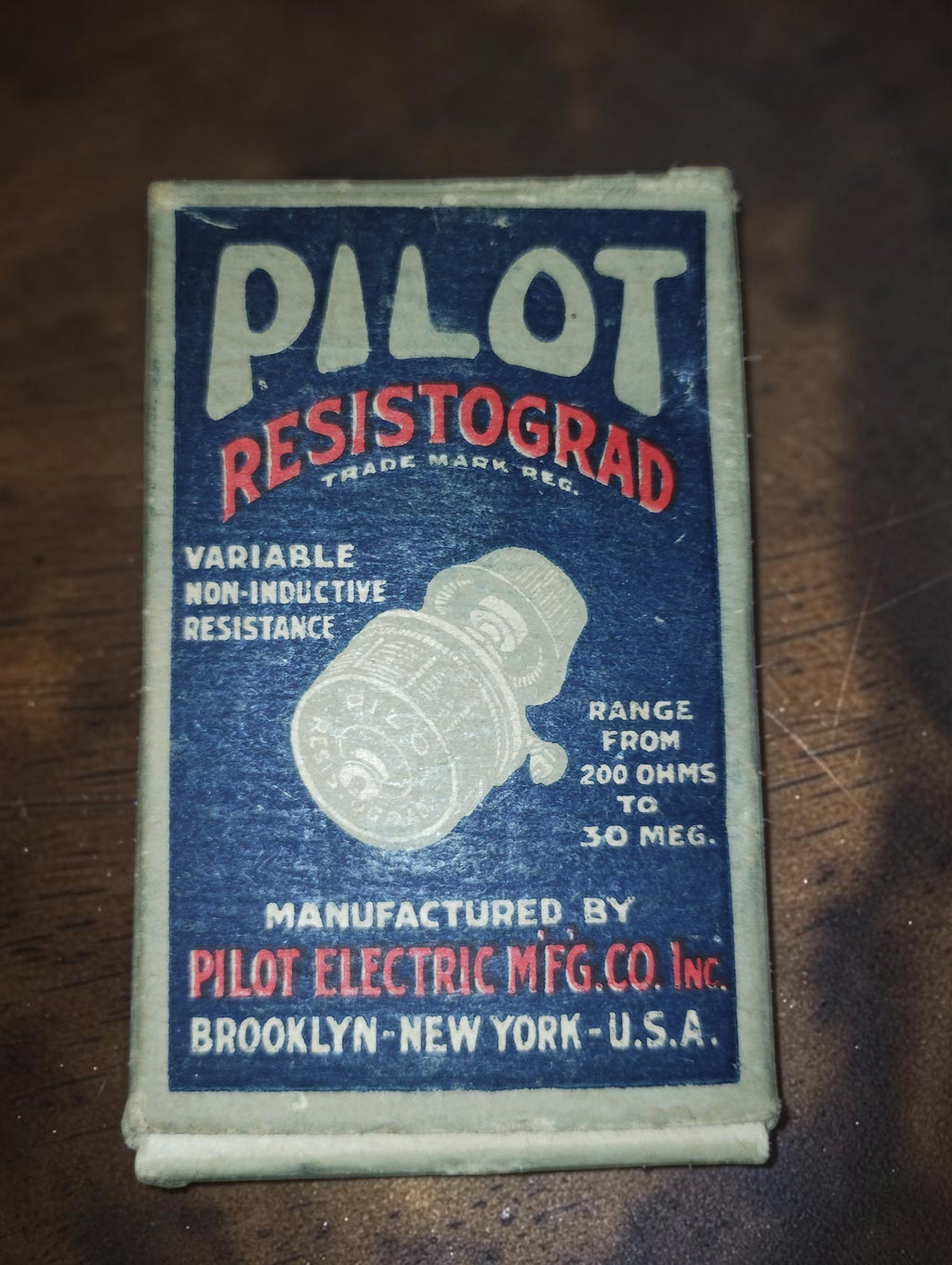 Front of the PILOT Resistograd box showing the variable non-inductive resistance label and Brooklyn, New York manufacturer details.
