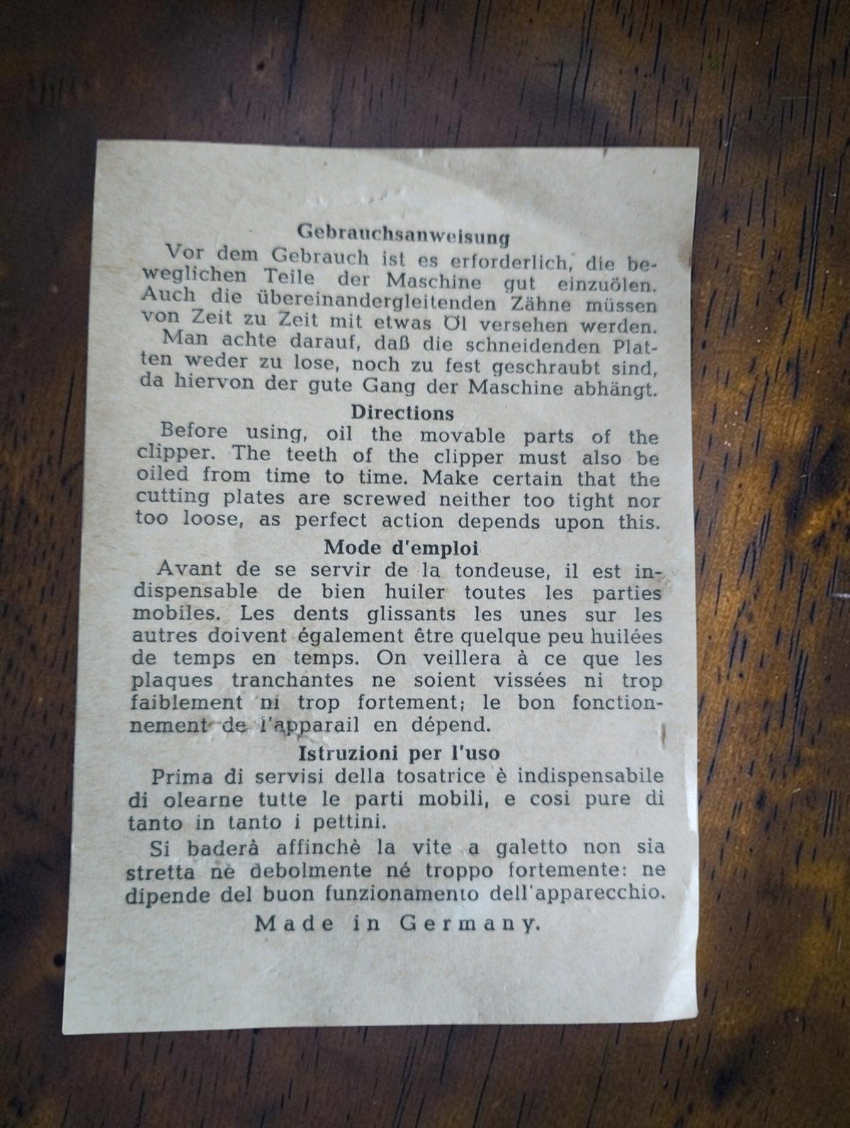 Original multilingual instructions for the manual hair clipper, marked Made in Germany
