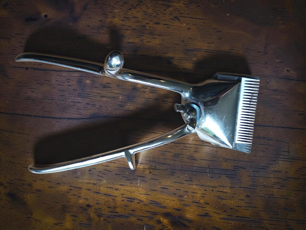 Vintage Éclair manual hair clipper with polished metal handles and toothed cutting head
