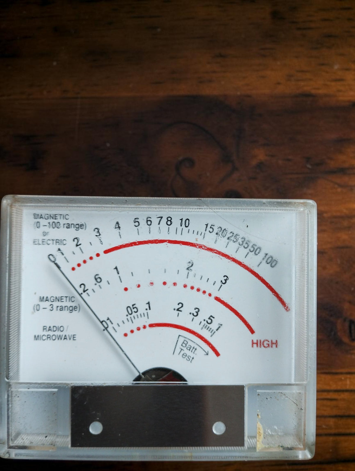 Close-up of the TriField Meter 100XE analog scales for magnetic, electric, and radio/microwave fields
