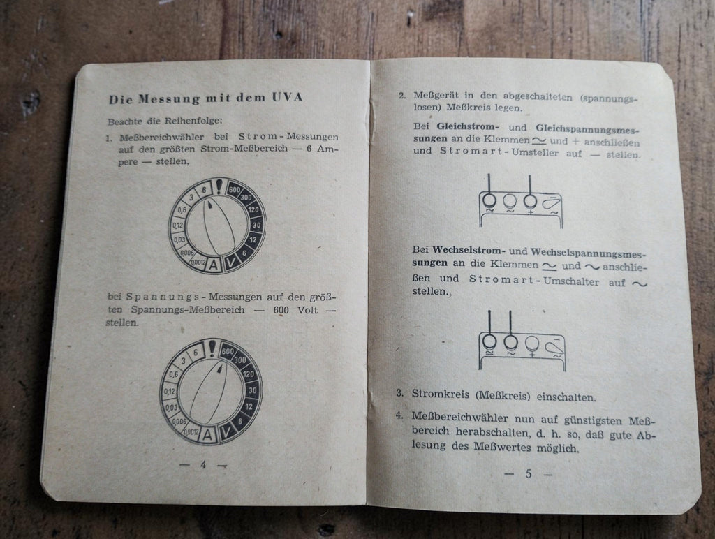 Opened original instruction manual of the Gossen UVA meter with dial diagrams and connection instructions
