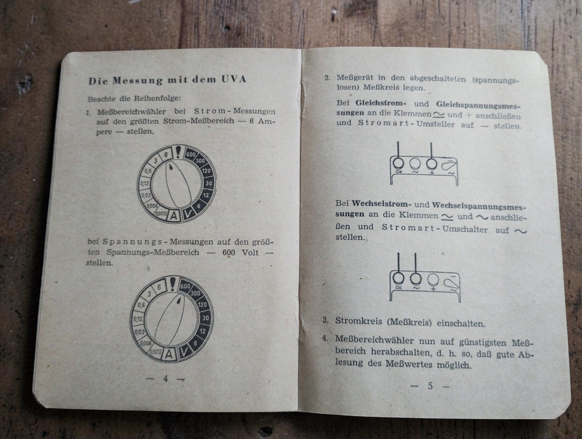 Opened original instruction manual of the Gossen UVA meter with dial diagrams and connection instructions
