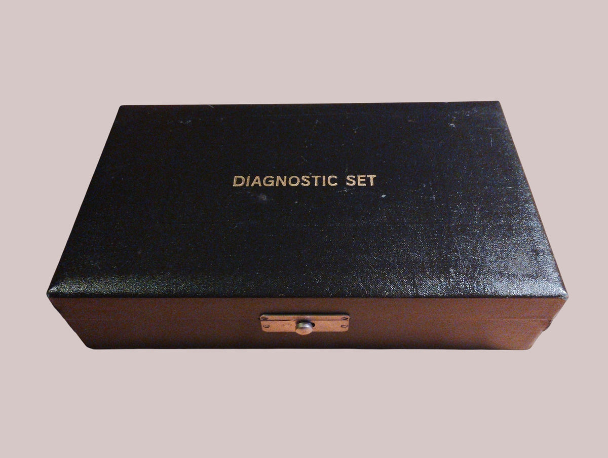 Closed black Gowllands case with Diagnostic Set lettering and a metal clasp
