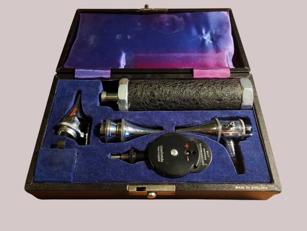 Gowllands diagnostic set in an open blue-lined case with metal instruments and a black handle
