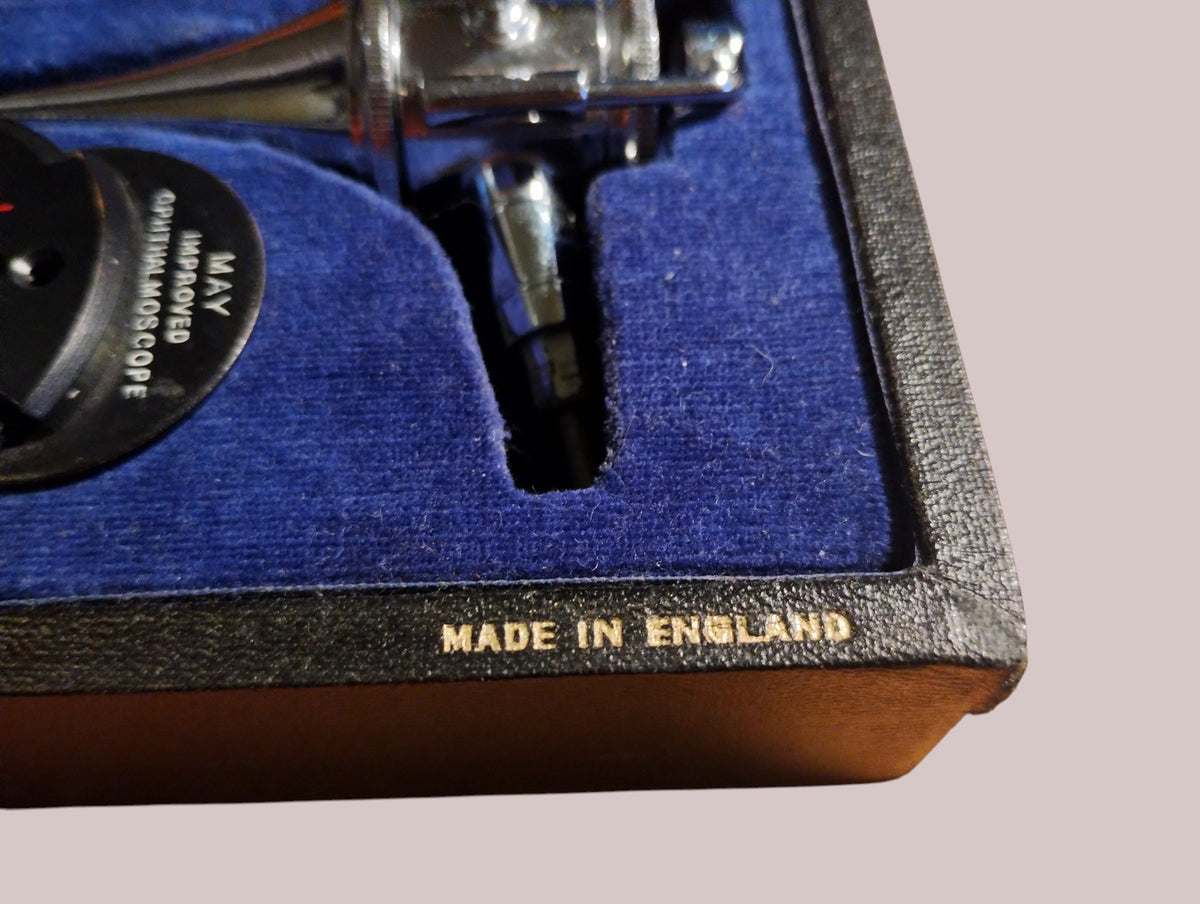 Made in England lettering on the black rim of the blue-lined Gowllands diagnostic case
