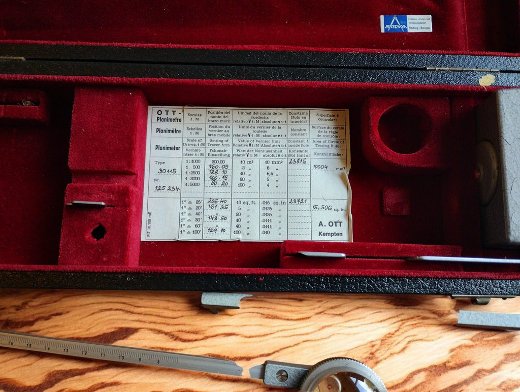 A. OTT Kempten factory table for Type 30 115 planimeter, showing serial number 125234 and scale settings
