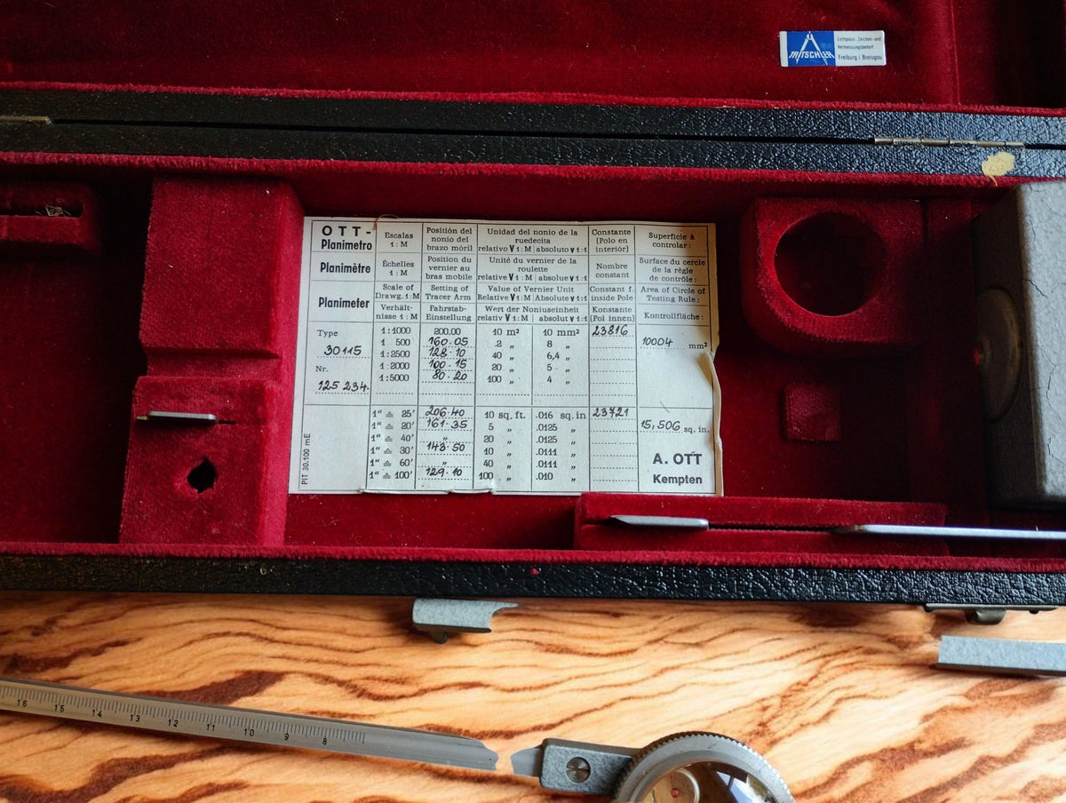 A. OTT Kempten factory table for Type 30 115 planimeter, showing serial number 125234 and scale settings
