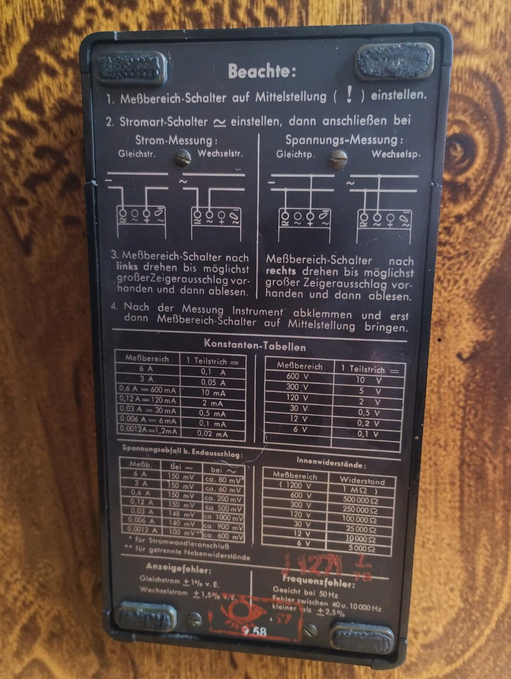 Rear of the Gossen UVA multimeter with German operating instructions, wiring diagrams and measurement tables.
