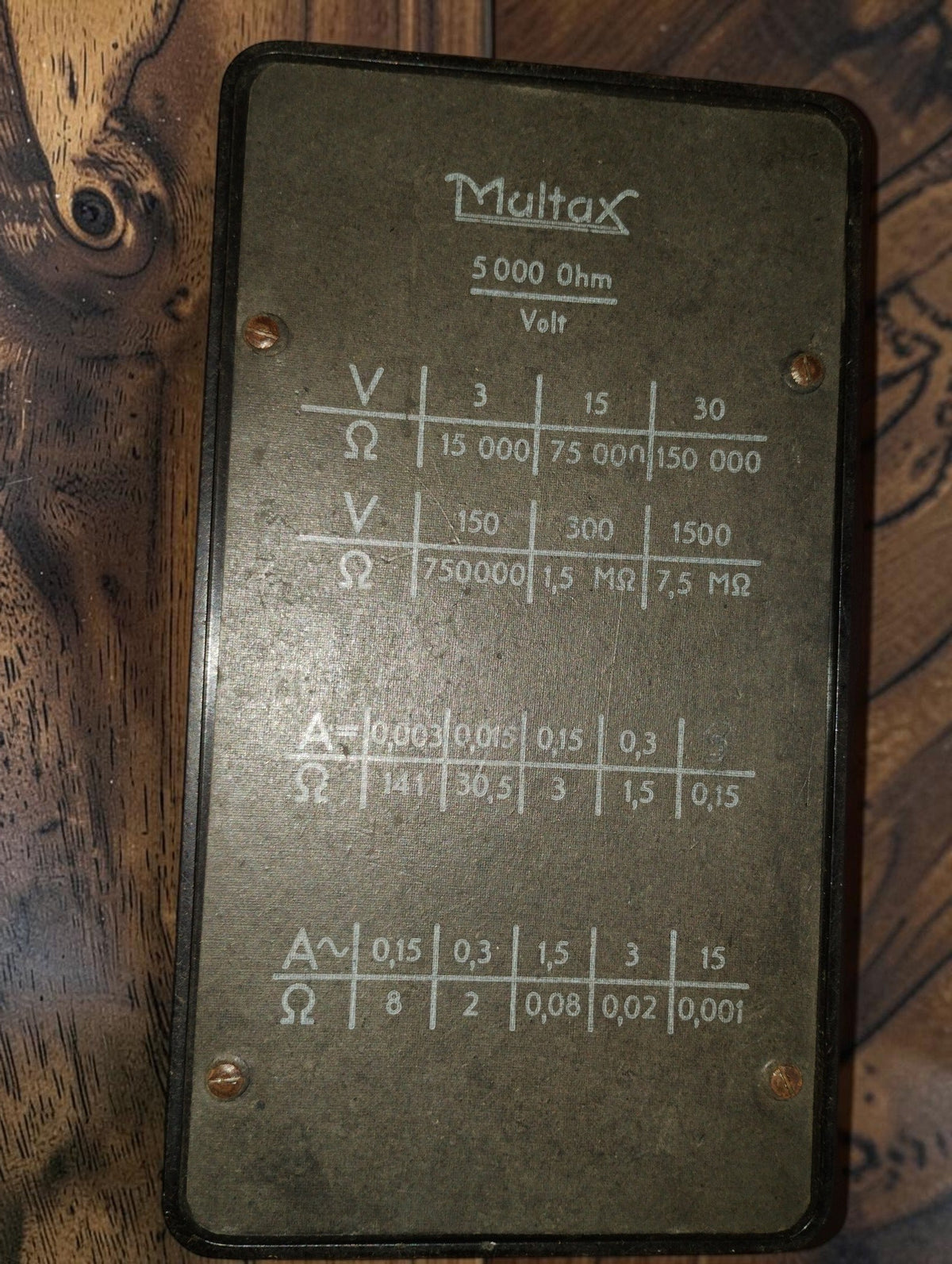 Rear plate of the Multax Berger analog multimeter with measurement tables and 5000 ohms per volt marking
