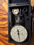 MAW mechanical hand tachometer with dial, contact attachments and extension tool in its fitted storage case
