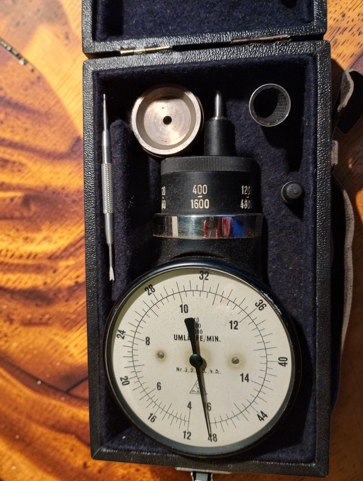 MAW mechanical hand tachometer with dial, contact attachments and extension tool in its fitted storage case
