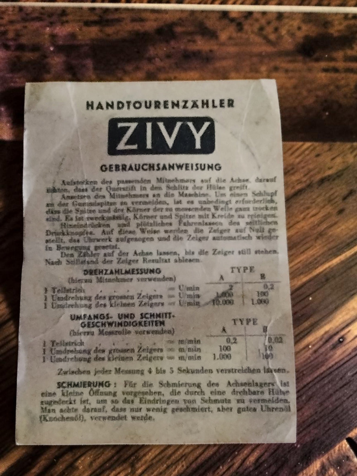 German Zivy Handtourenzähler Gebrauchsanweisung instruction sheet with operating instructions and measurement tables
