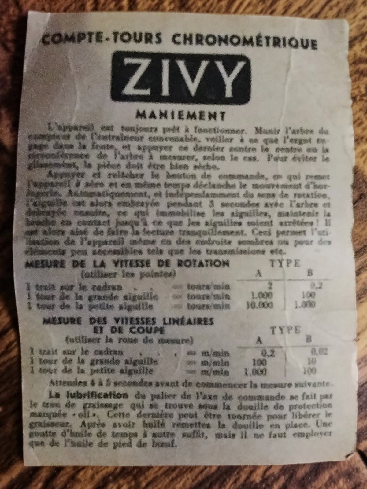 French Zivy Compte-Tours Chronométrique Maniement instruction sheet with operating instructions and measurement tables

