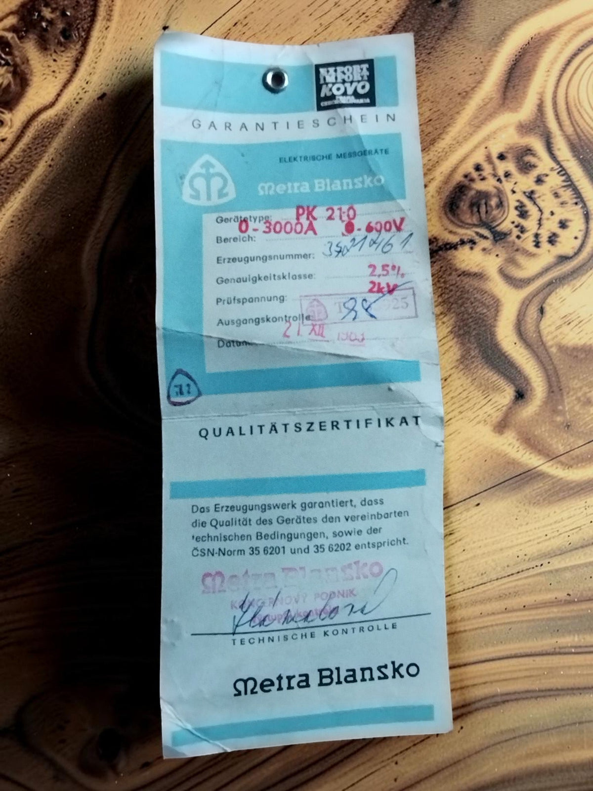 Original Metra Blansko PK 210 guarantee and quality certificate with stamps
